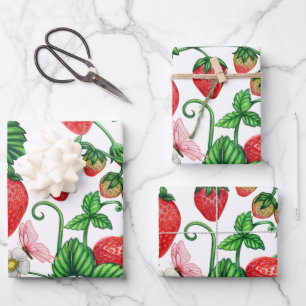 Strawberry Fruit and Strawberry Blossom Vibrant Wrapping Paper Sheet