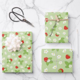 Strawberry Fruit Floral Red Green Pattern Wrapping Paper Sheet