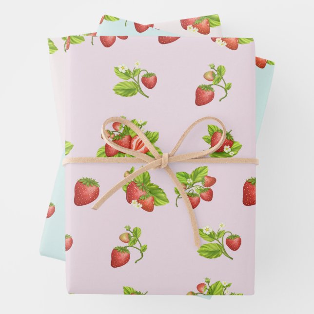 Strawberry Fruit, Leaves and Flowers Wrapping Paper Sheet (In situ)