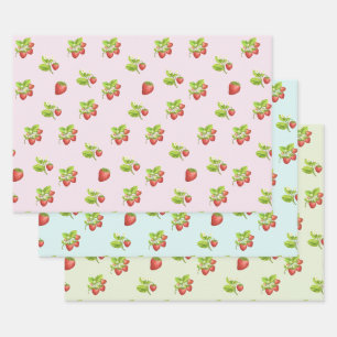 Strawberry Fruit, Leaves and Flowers  Wrapping Paper Sheet