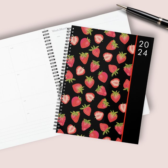 Strawberry fruit pattern planner (Cute strawberry planner with juicy red strawberries on black background. Customise the year text.)