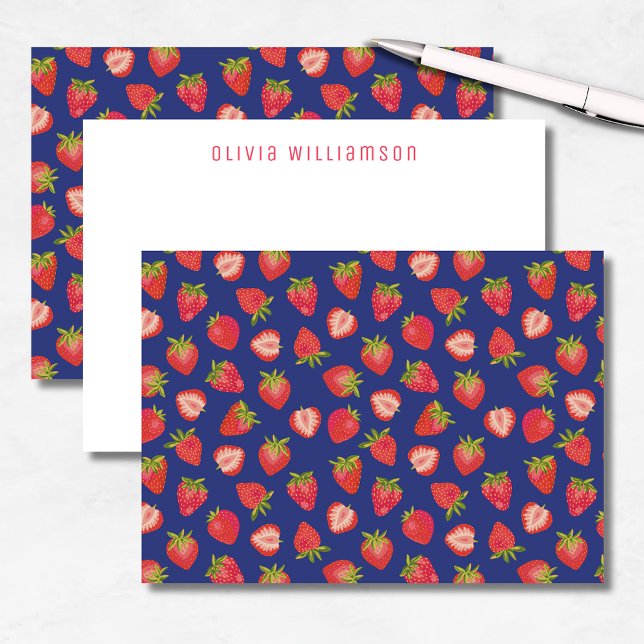 Strawberry Fruit Personalised Name Card (Fun strawberry notecards on blue background. Customize with your own name or choice of text.)