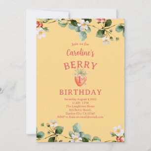 Strawberry Garden First Girls Birthday Invitation