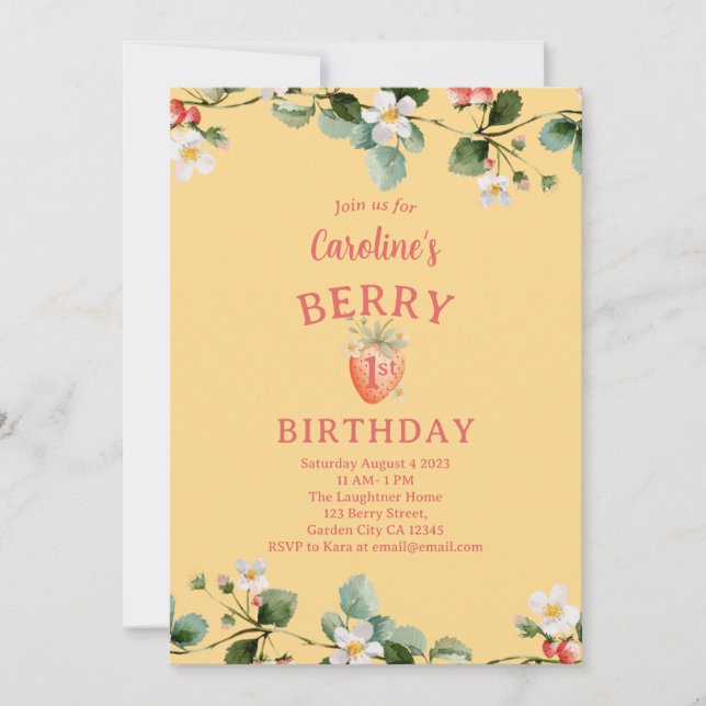 Strawberry Garden First Girls Birthday Invitation (Front)