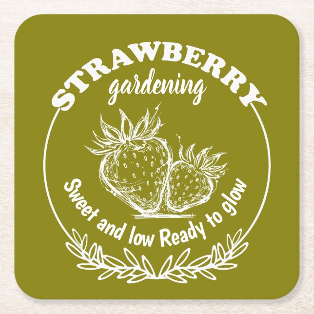 strawberry gardening square paper coaster (Front)