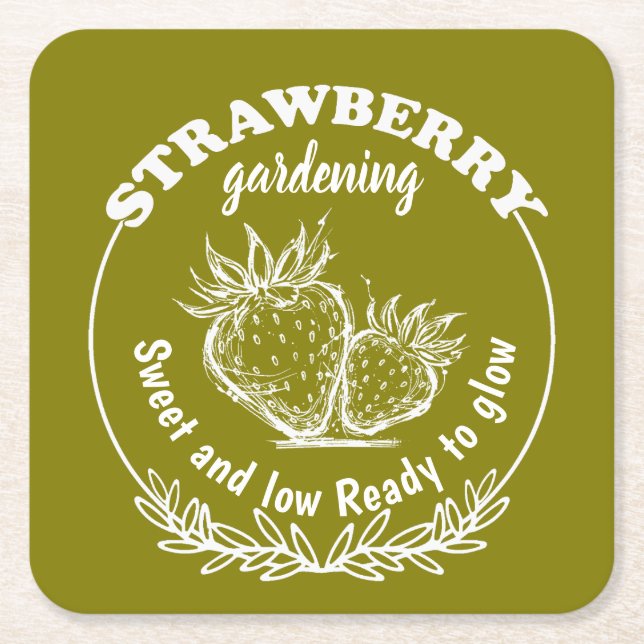 strawberry gardening square paper coaster (Front)