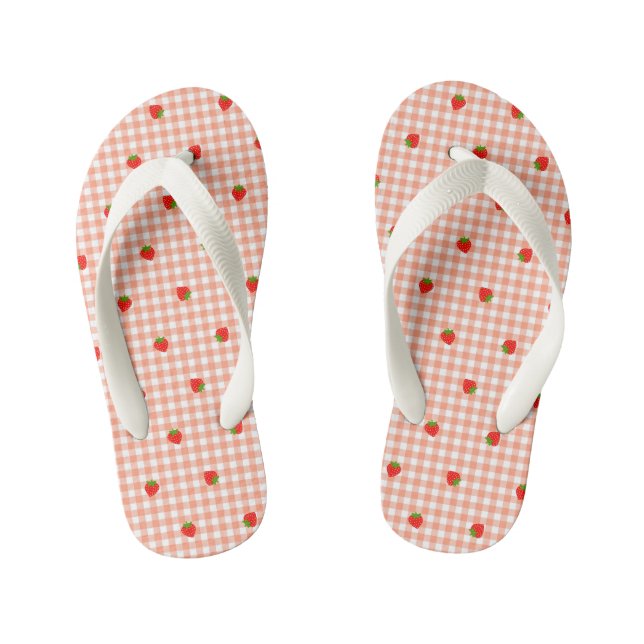 Strawberry & Gingham Check (Salmon Pink) Beach San Kid's Thongs (Footbed)