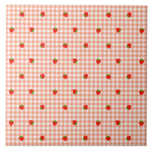 Strawberry & Gingham Check (Salmon Pink) Ceramic Tile