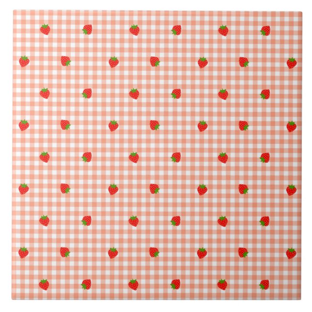 Strawberry & Gingham Check (Salmon Pink) Ceramic Tile (Front)