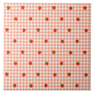 Strawberry Gingham Check Salmon Pink Ceramic Tile