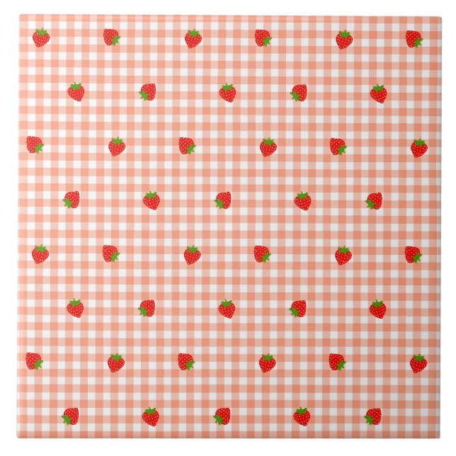 Strawberry Gingham Check Salmon Pink Ceramic Tile (Front)