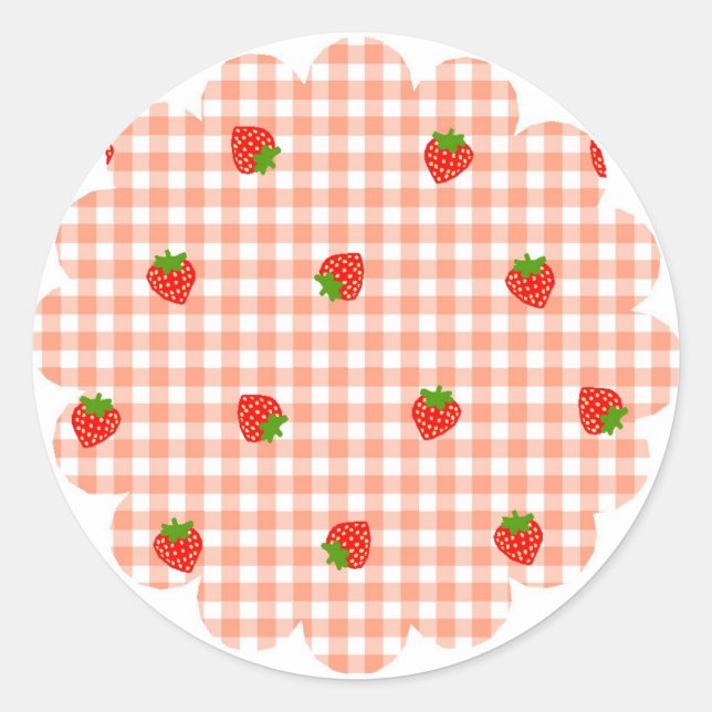 Strawberry & Gingham Check (Salmon Pink) Classic Round Sticker (Front)