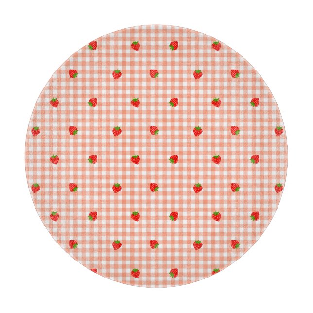 Strawberry & Gingham Check (Salmon Pink) Cutting Board (Front)
