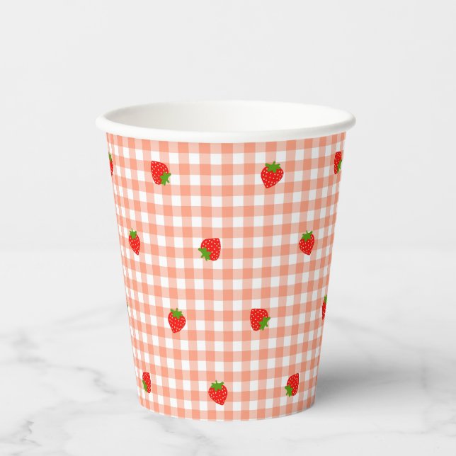 Strawberry & Gingham Check (Salmon Pink) Paper Cups (Front)