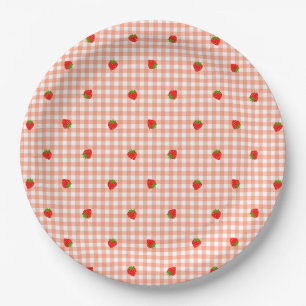 Strawberry & Gingham Check (Salmon Pink) Paper Plate