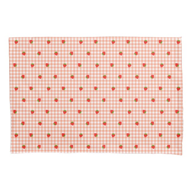 Strawberry Gingham Check Salmon Pink Pillowcase (Front)