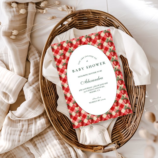 Strawberry Gingham Cottage Baby Shower Invitation (Creator Uploaded)