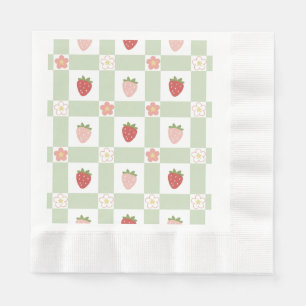 Strawberry Gingham First Birthday Coined Edge Napkin