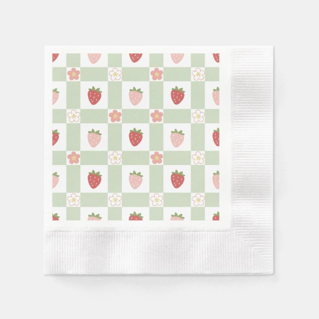 Strawberry Gingham First Birthday Napkin (Front)