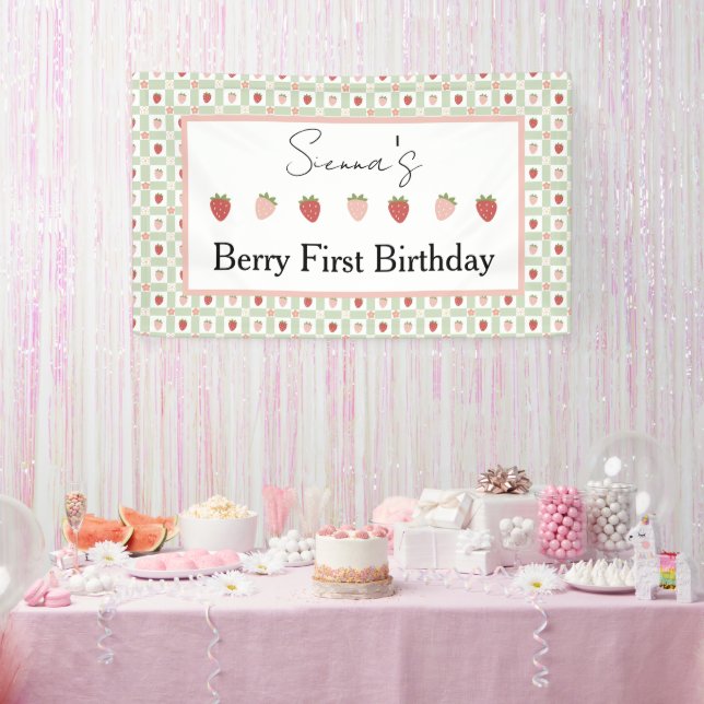 Strawberry Gingham First Birthday Party  Banner (Party)