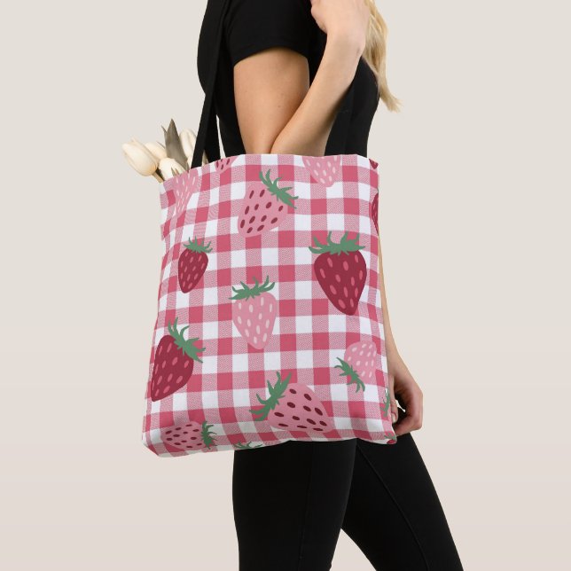  Strawberry Gingham Pattern Tote Bag (Close Up)