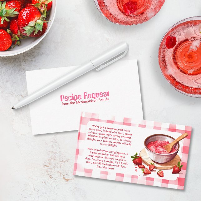 Strawberry Gingham Recipe Request Bridal Shower    Enclosure Card (Recipe request card strawberry gingham retro vibes theme bridal shower bachelorette hen gift custom)