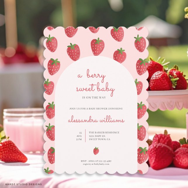 Strawberry Girl Berry Sweet Baby Shower Invitation (Front of card with scallop frame is shown in 5 x 7 inches. Choose corner and paper style.)