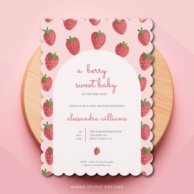 Strawberry Girl Berry Sweet Baby Shower Invitation (Berry Sweet Baby, strawberry baby shower invitation with a beautiful script, clean and elegant look)
