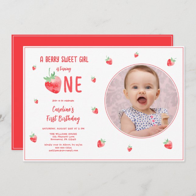 Strawberry Girl First Birthday Photo Invitation (Front/Back)