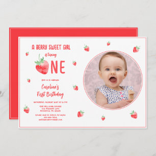 Strawberry Girl First Birthday Photo Invitation
