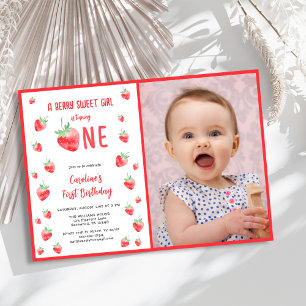Strawberry Girl First Birthday Photo Invitation