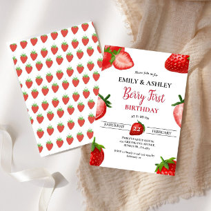 Strawberry  Girl Twin First Birthday  Berry Sweet Invitation