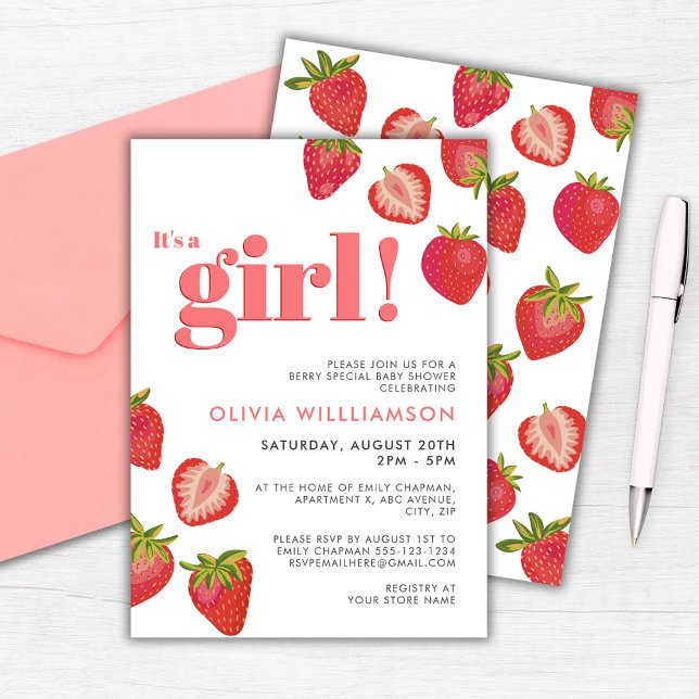 Strawberry Girls Baby Shower Invitation (Strawberry baby shower invitation. Customize with your own details.)