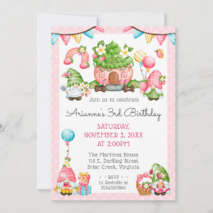 Strawberry Gnome Garden Little Girl's Birthday Invitation