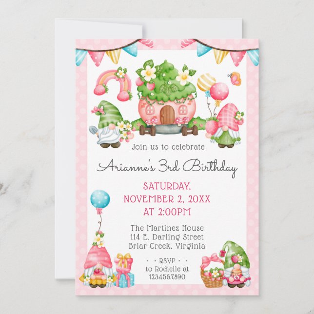 Strawberry Gnome Garden Little Girl's Birthday Invitation (Front)