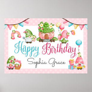 Strawberry Gnome Garden Little Girl's Birthday Poster
