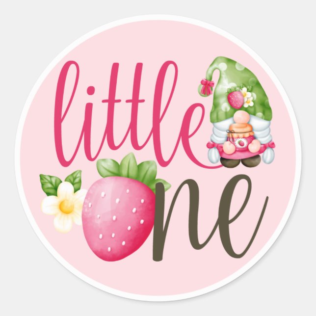 Strawberry Gnome Garden Little One 1st Birthday Classic Round Sticker (Front)