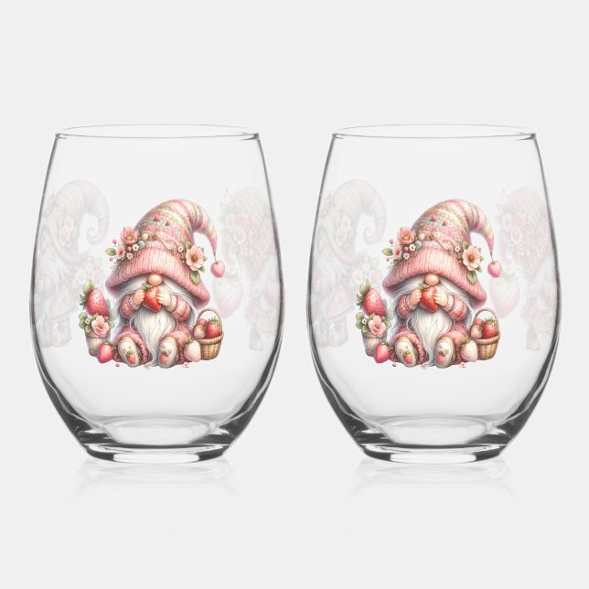 Strawberry Gnome Stemless Wineglass Set Wine Glass (Left)