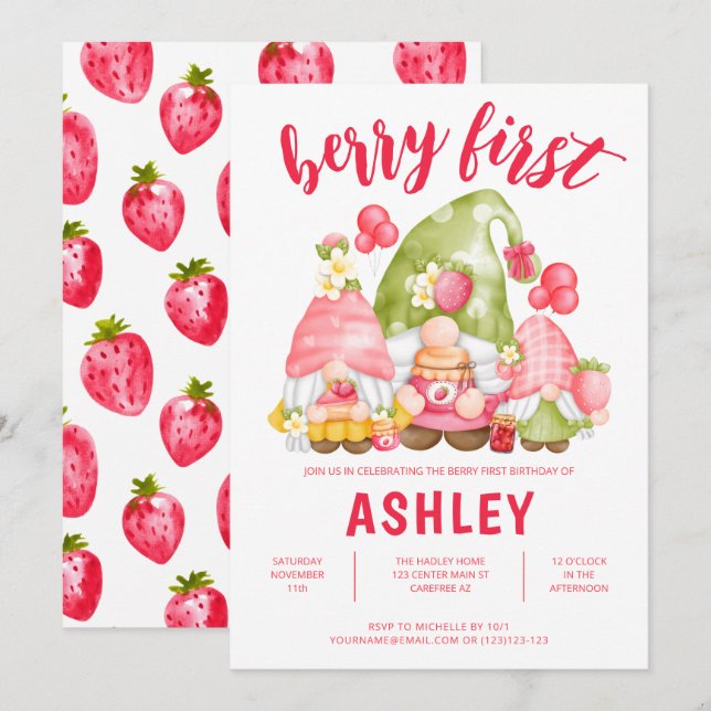 Strawberry Gnomes Berry First Kid's Birthday Invitation (Front/Back)
