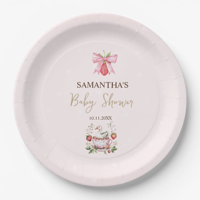 Strawberry,Goose,Bow Dots Baby Shower Paper Plate (Front)