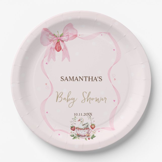 Strawberry,Goose,Bow Frame Dots Baby Shower Paper Plate (Front)