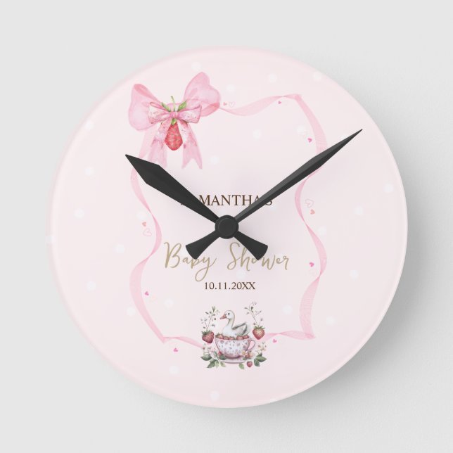 Strawberry,Goose,Bow Frame Dots Baby Shower Round Clock (Front)