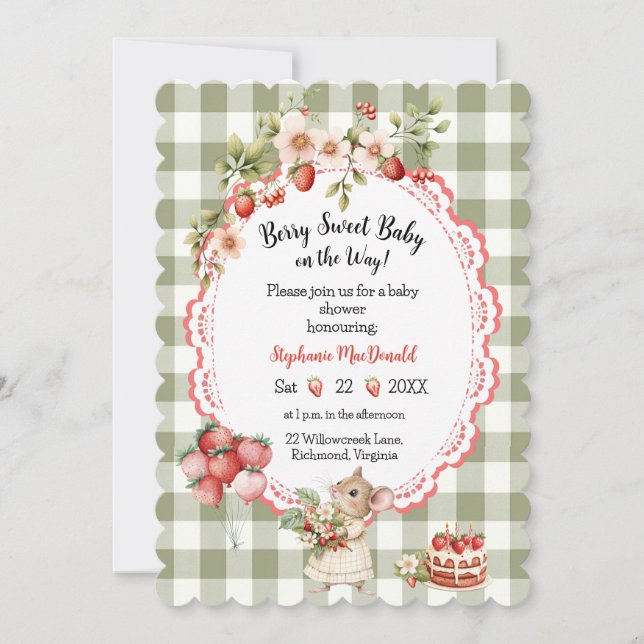 Strawberry Green Gingham Baby Shower Invitation (Front)