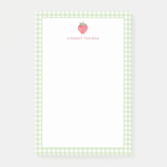 Strawberry Green Gingham Border Personalized Post-it Notes (Front)