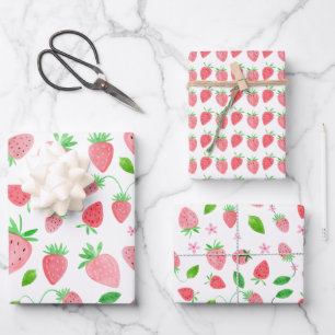 Strawberry Greenery Watercolor Birthday Wrapping Paper Sheet