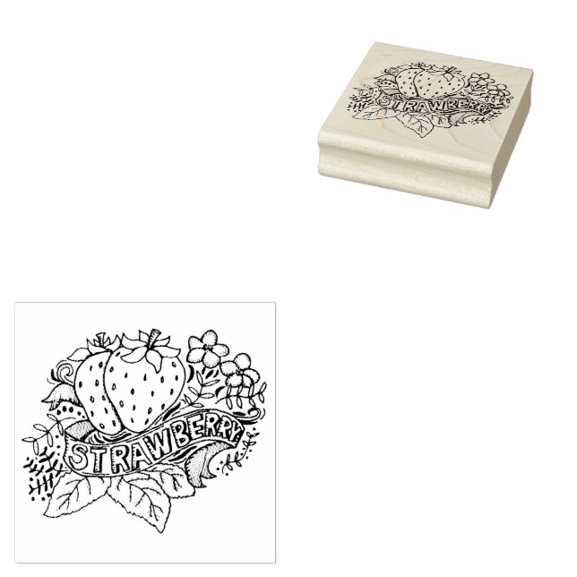 Strawberry Hand Lettering Typography Rubber Stamp (Stamped)