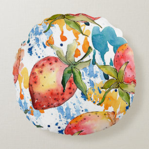Strawberry healthy food. Watercolor background ill Round Cushion