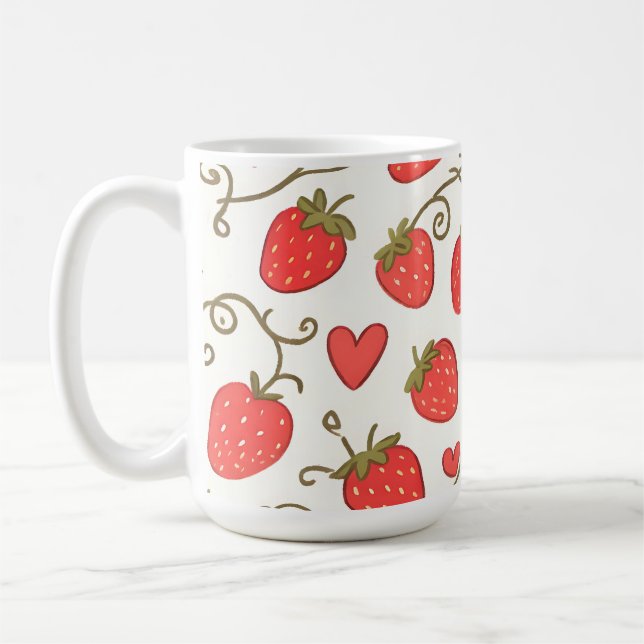 Strawberry Heart Pattern Cute Whimsical Coffee Mug (Left)