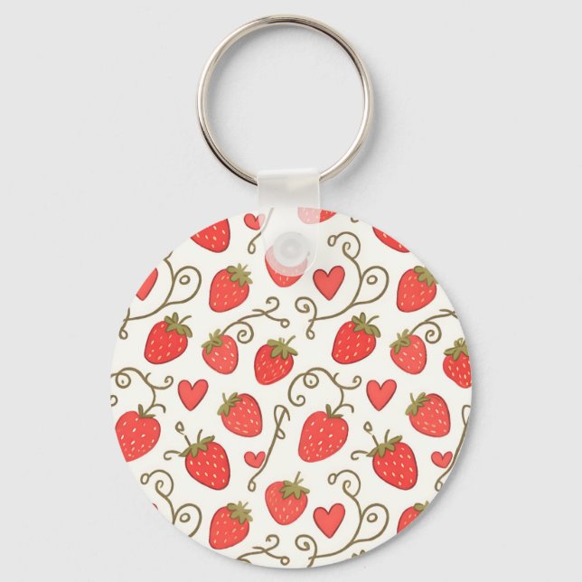 Strawberry Heart Pattern Cute Whimsical Key Ring (Front)