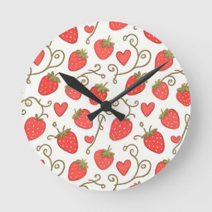 Strawberry Heart Pattern Cute Whimsical Round Clock